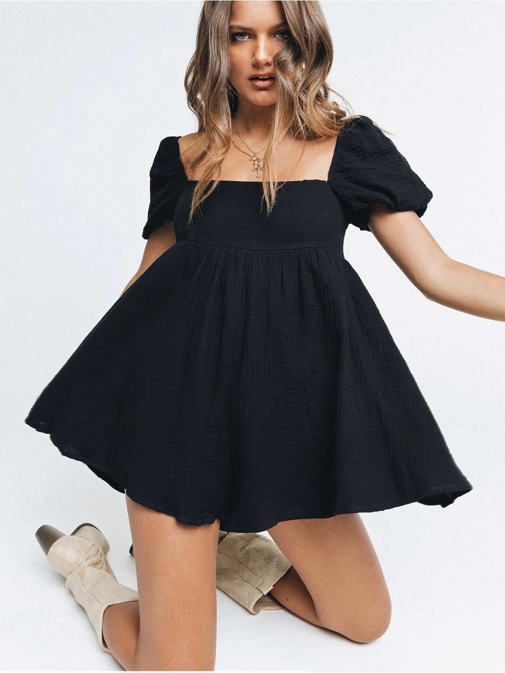 Princess Polly Lorna Babydoll Dress Black Square Neck Puff Sleeve Mini Dress